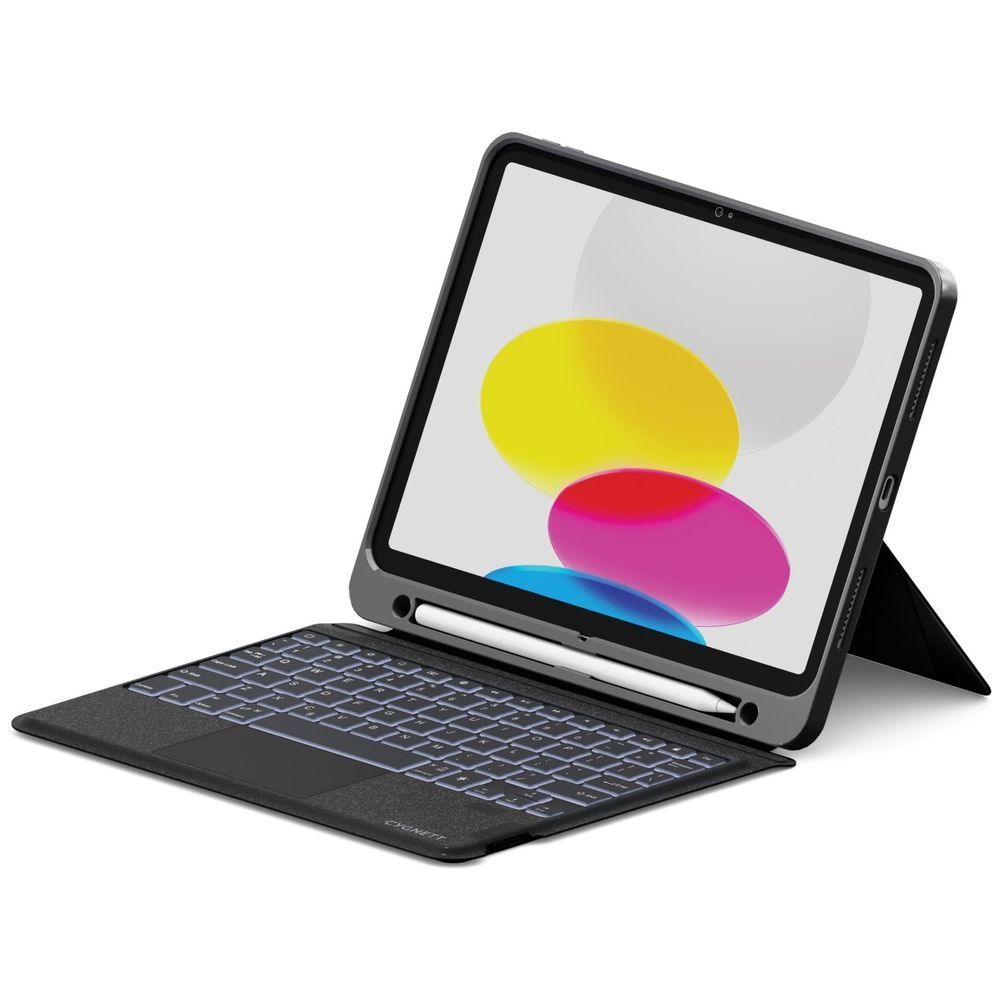 Black magnetic wireless keyboard case for iPad with backlit-style keys and stand