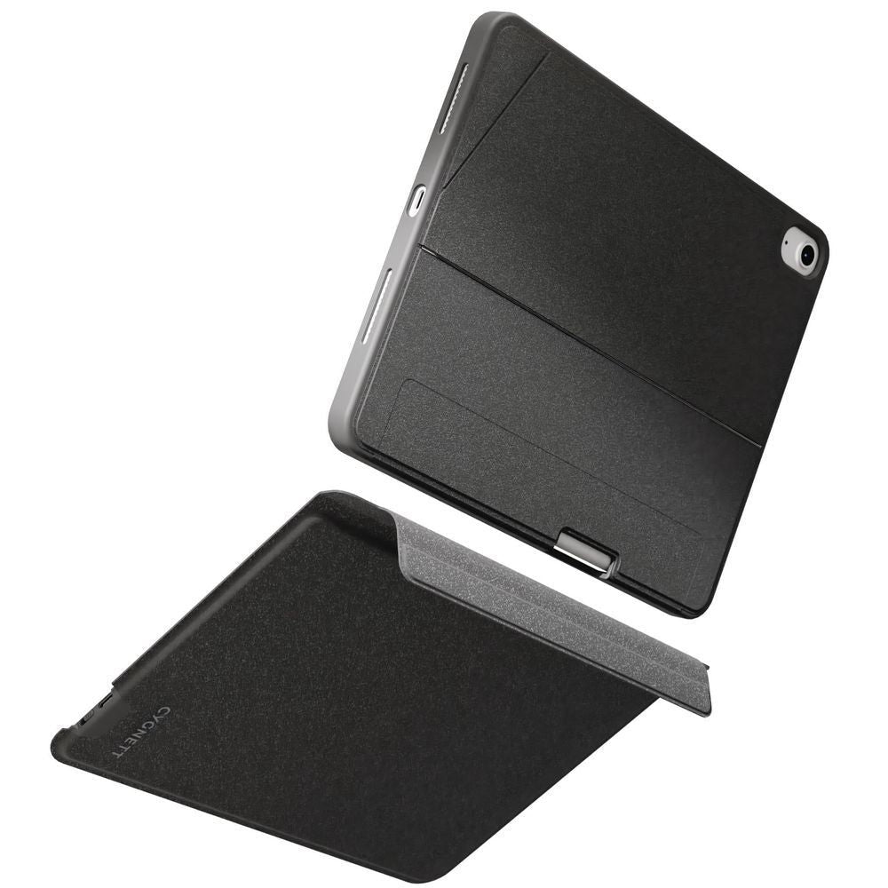 Black magnetic keyboard case showing open stand and closed cover with clasp