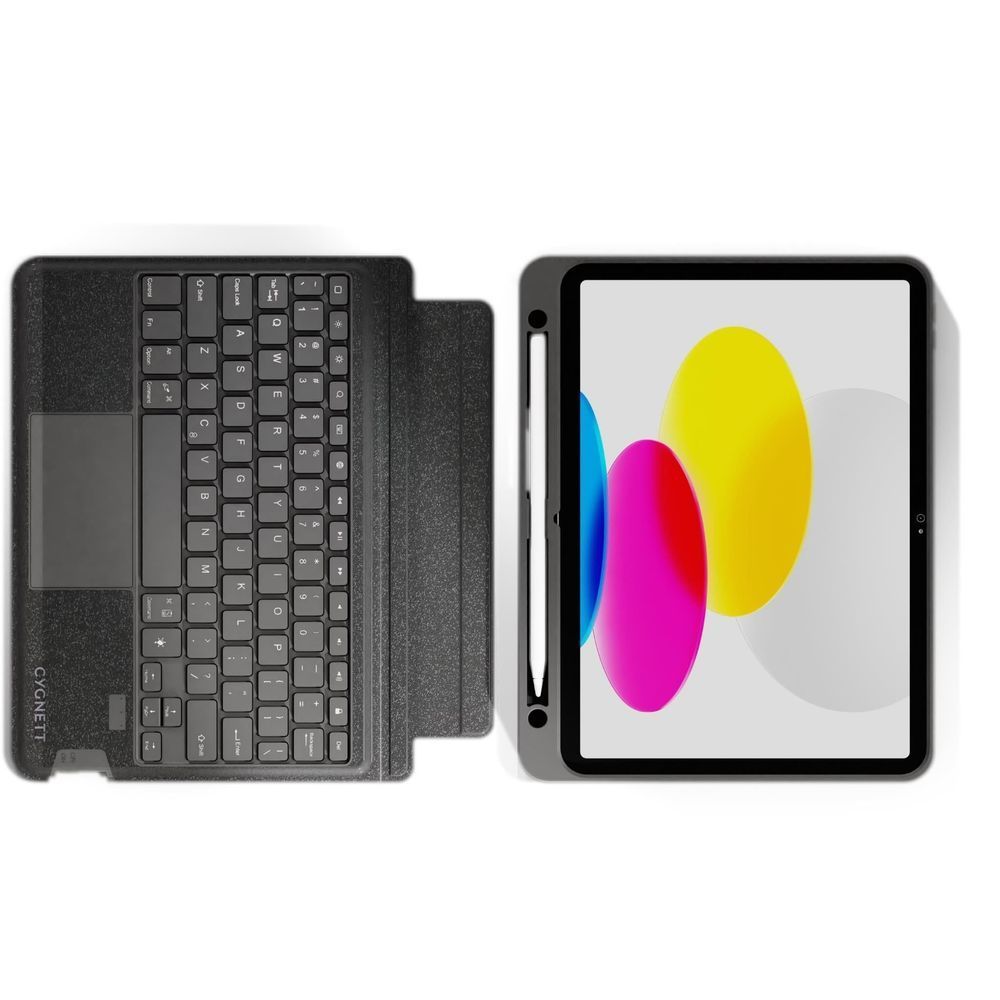 Black keyboard case with keyboard extended and iPad secured in fold stand