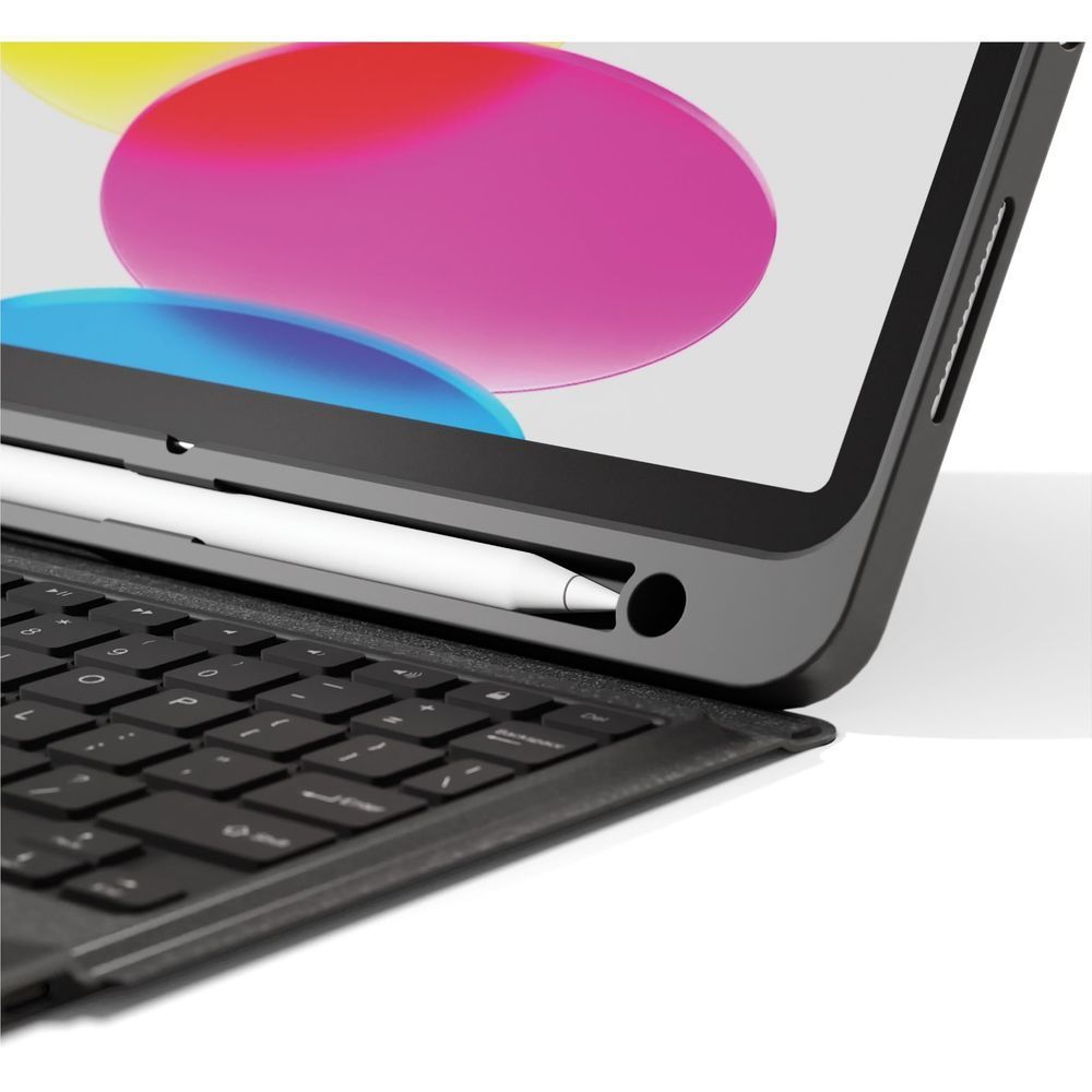 Close-up of iPad in keyboard stand showing speaker and charging port cutouts