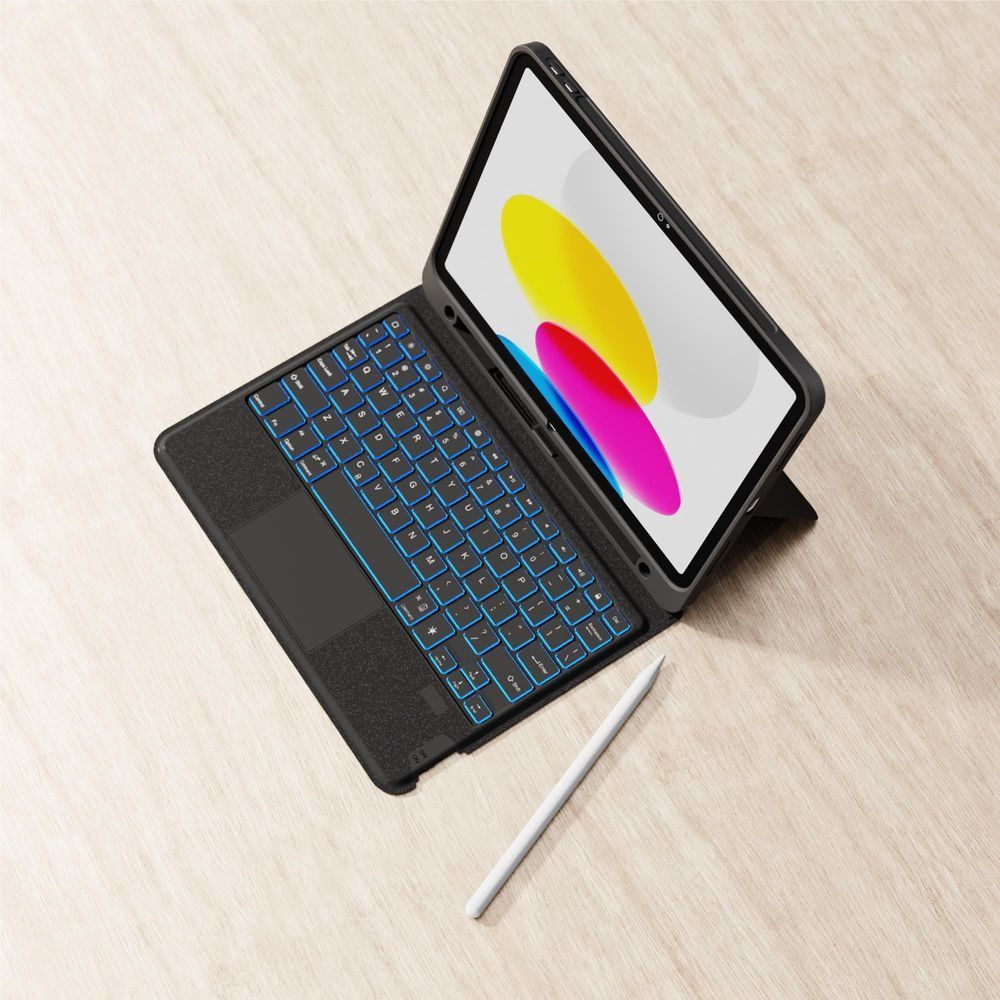 Black keyboard case with blue backlit keys folded open, iPad angled on stand