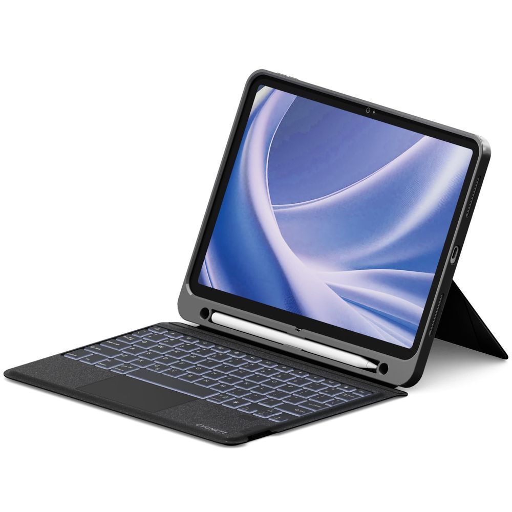 Black iPad keyboard case with backlit keys and stand
