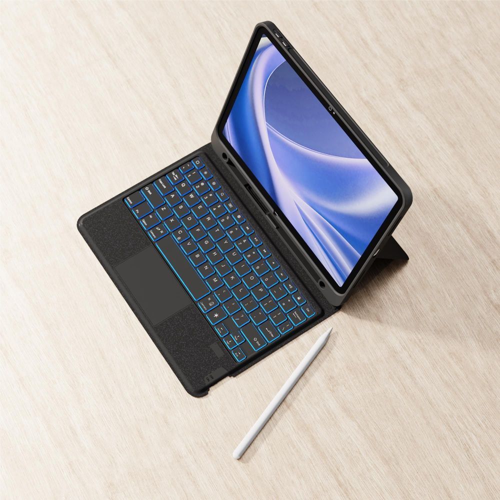 Black iPad keyboard case with blue backlit keys