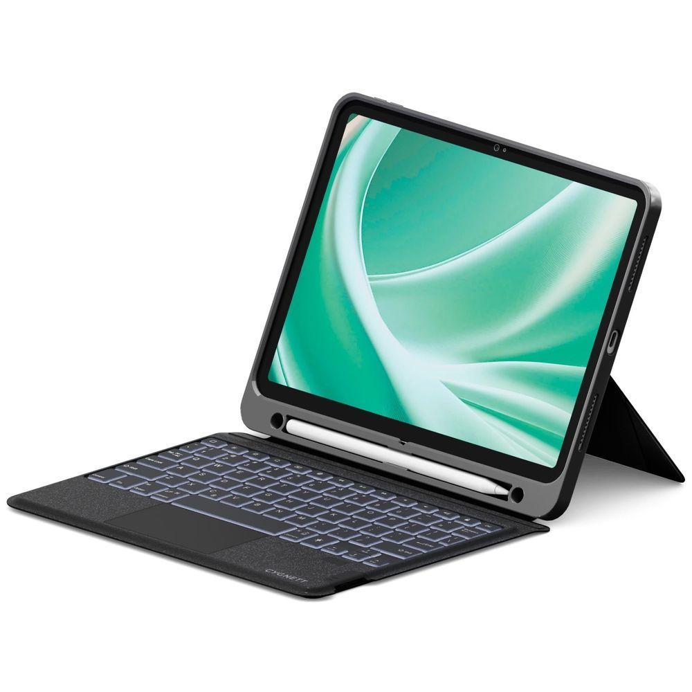 Black magnetic wireless keyboard case for iPad, with foldable keys and stand.
