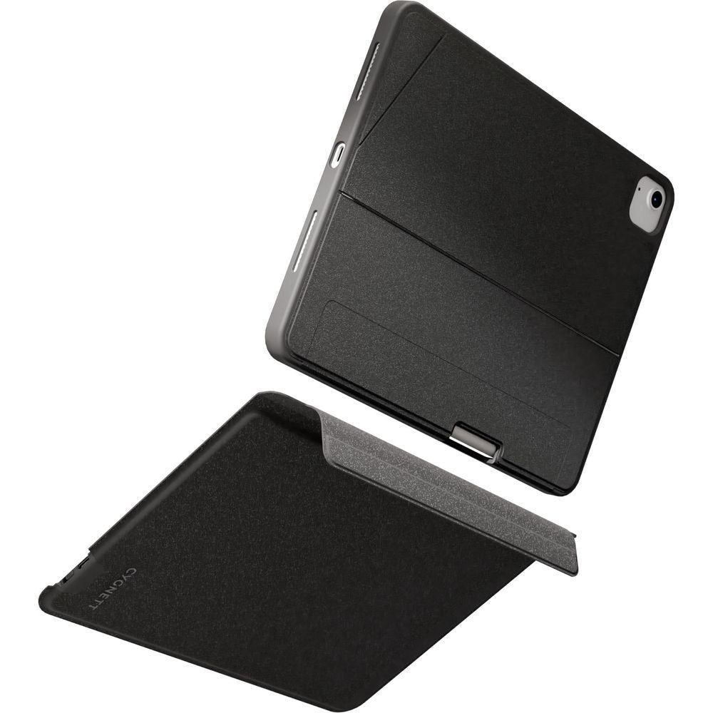 Black keyboard case open, showing rear cover and detachable front flap.