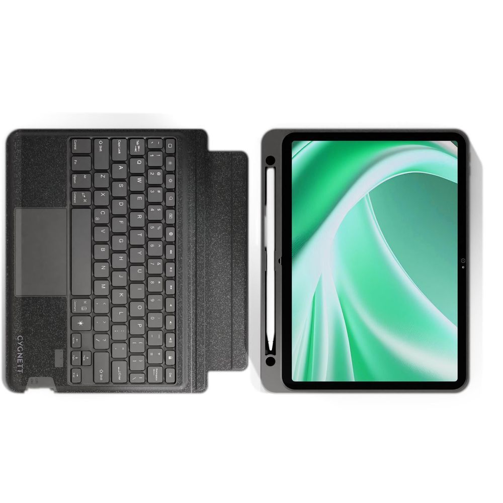 Black tablet keyboard case with detachable keyboard cover and iPad screen.
