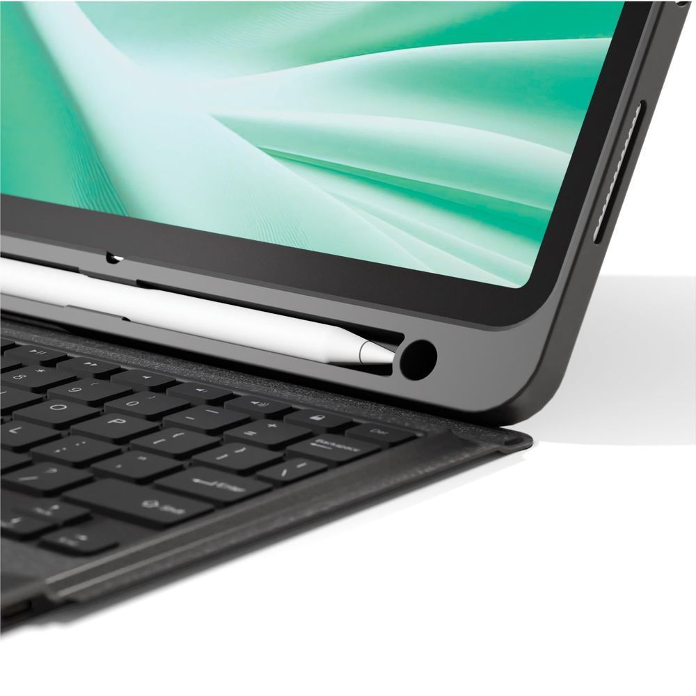 Black keyboard case with iPad docked above the keyboard and trackpad.