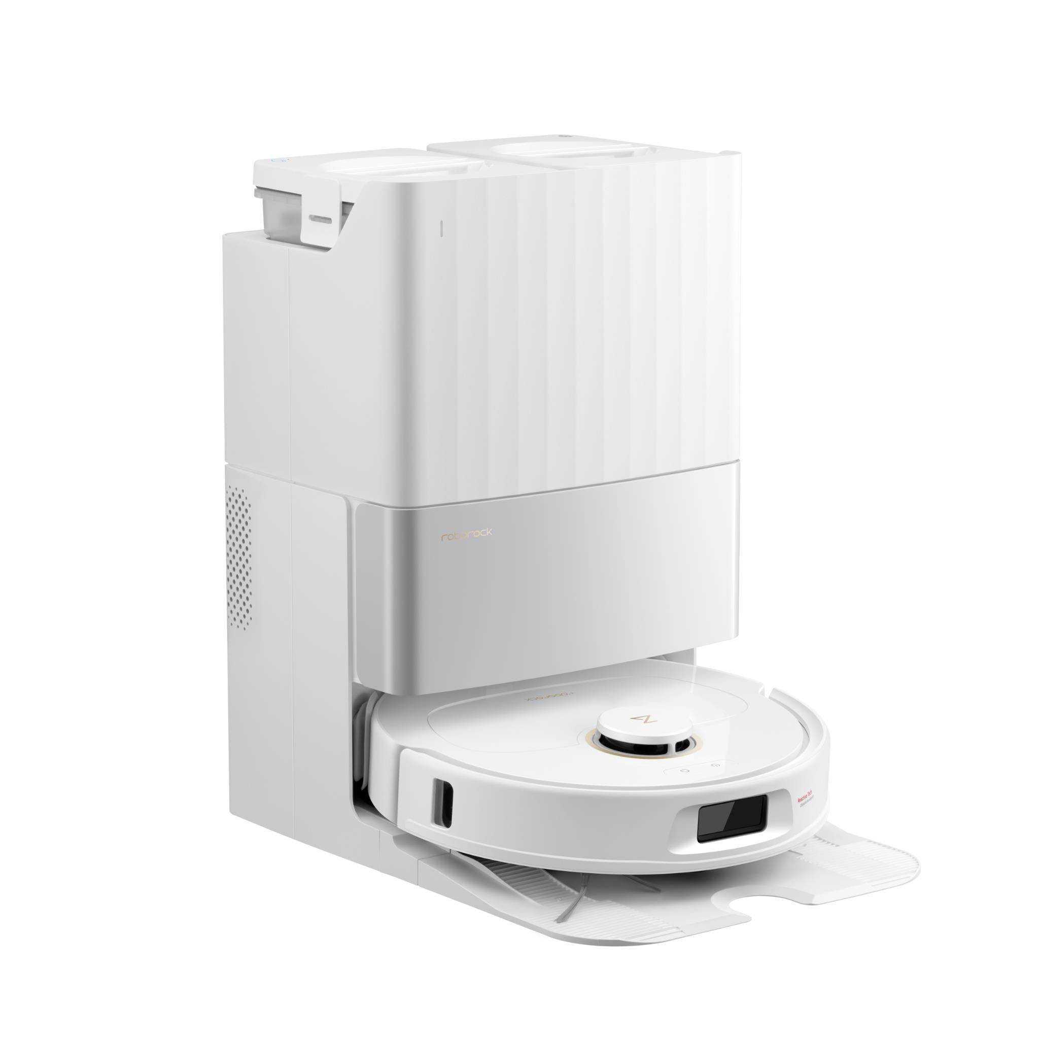 White robot vacuum and mop with charging dock, side view.