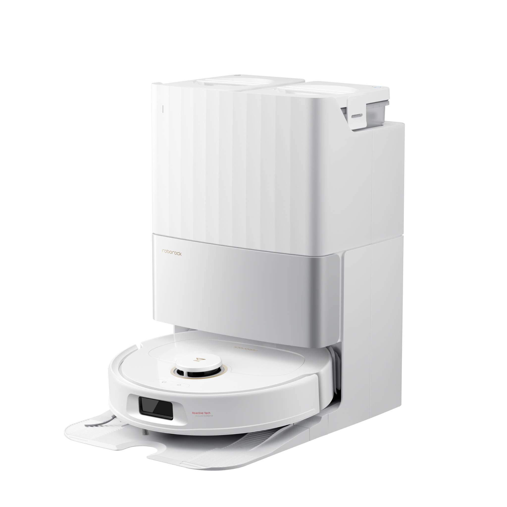 White robot vacuum and mop docked in base, angled view.