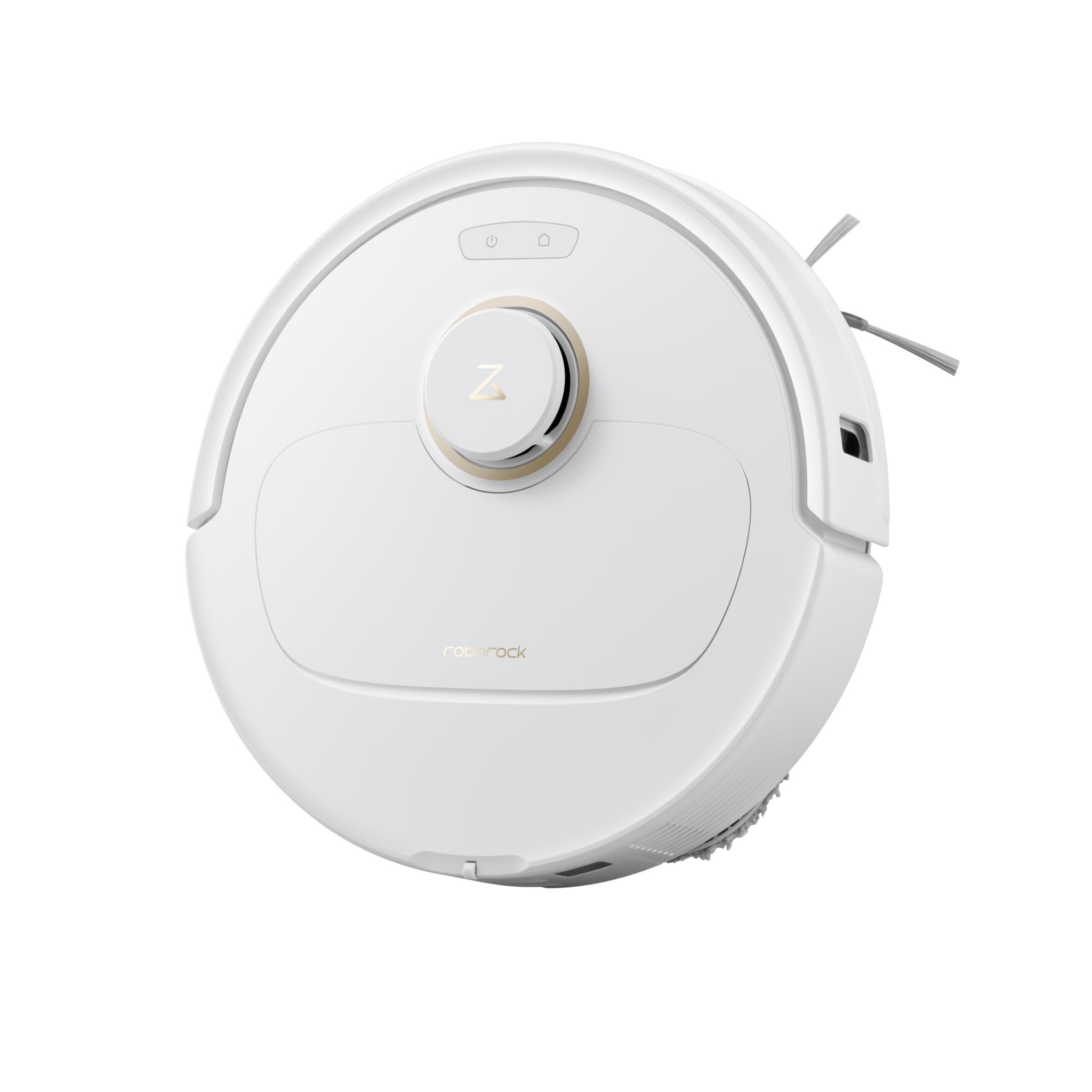 White robot vacuum and mop top view with circular control button.
