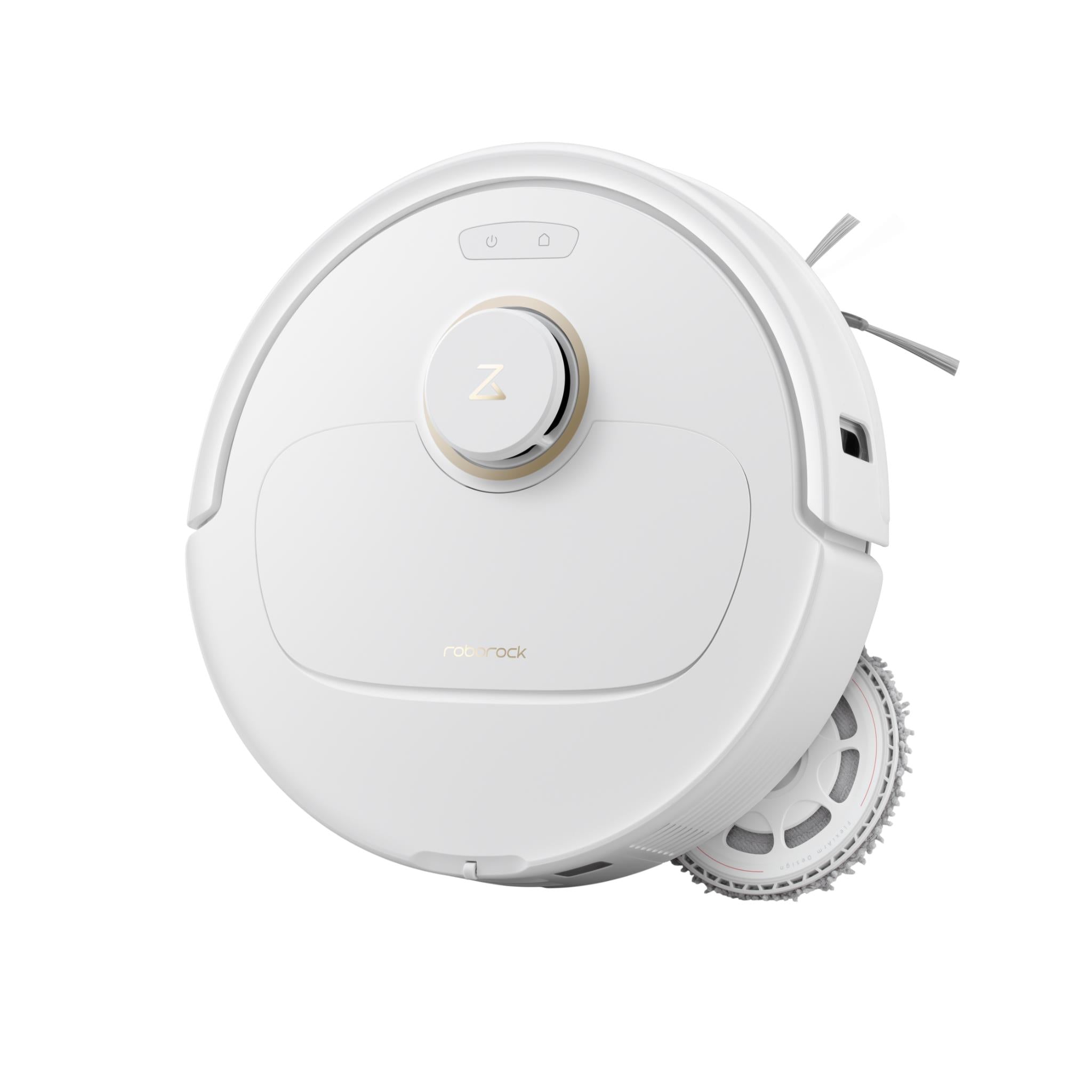 White robot vacuum and mop top view with side brush and wheel guard.