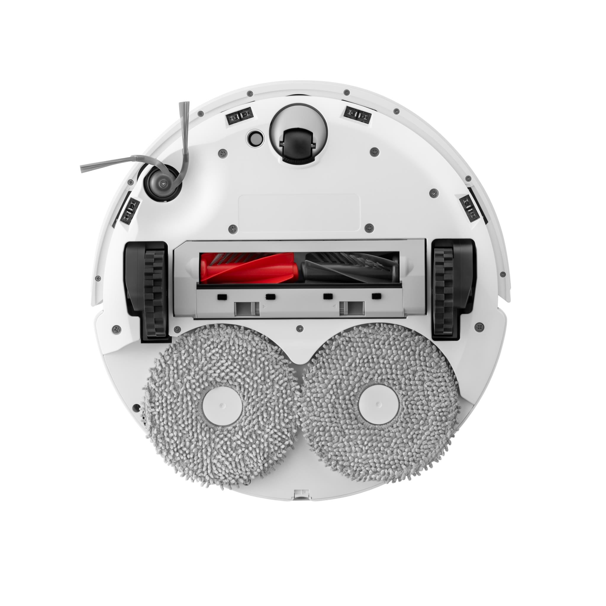 White robot vacuum and mop underside with two mop pads and front squeegee.