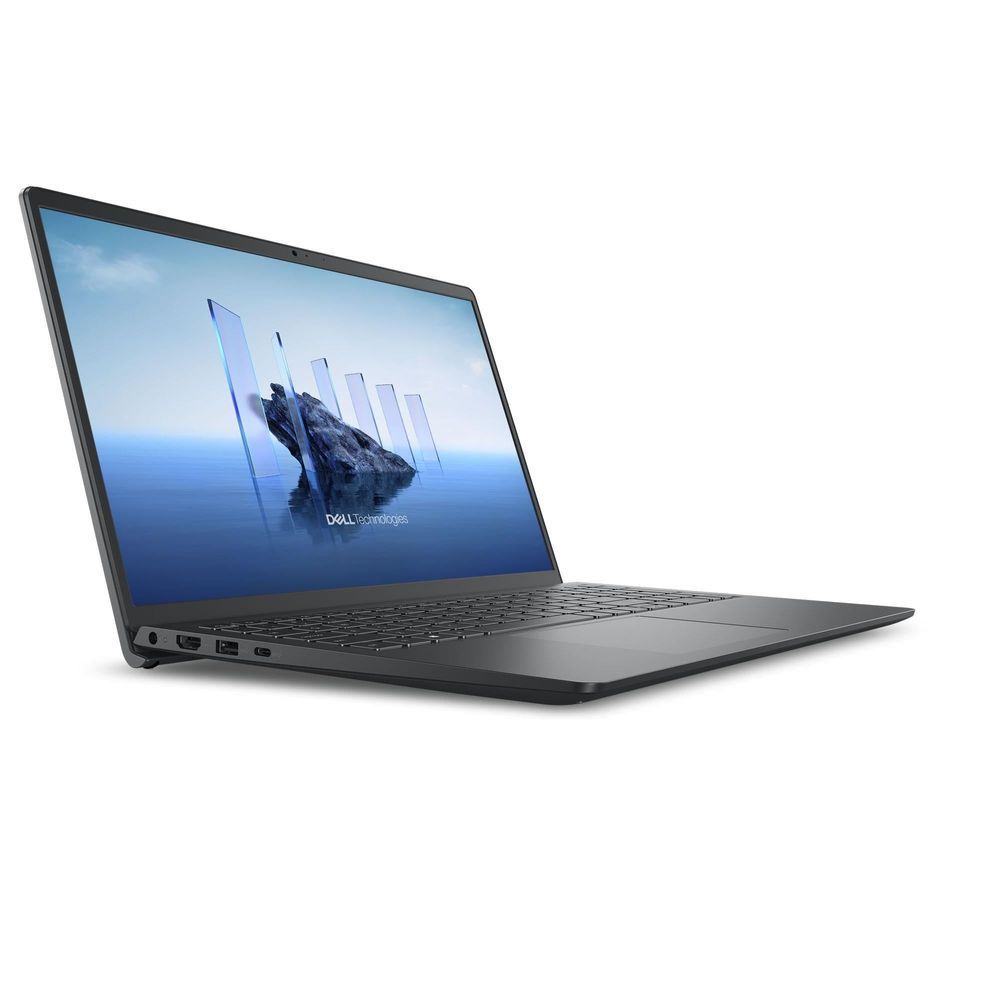 Dell 15-inch laptop angled view, base and hinge visible with screen open