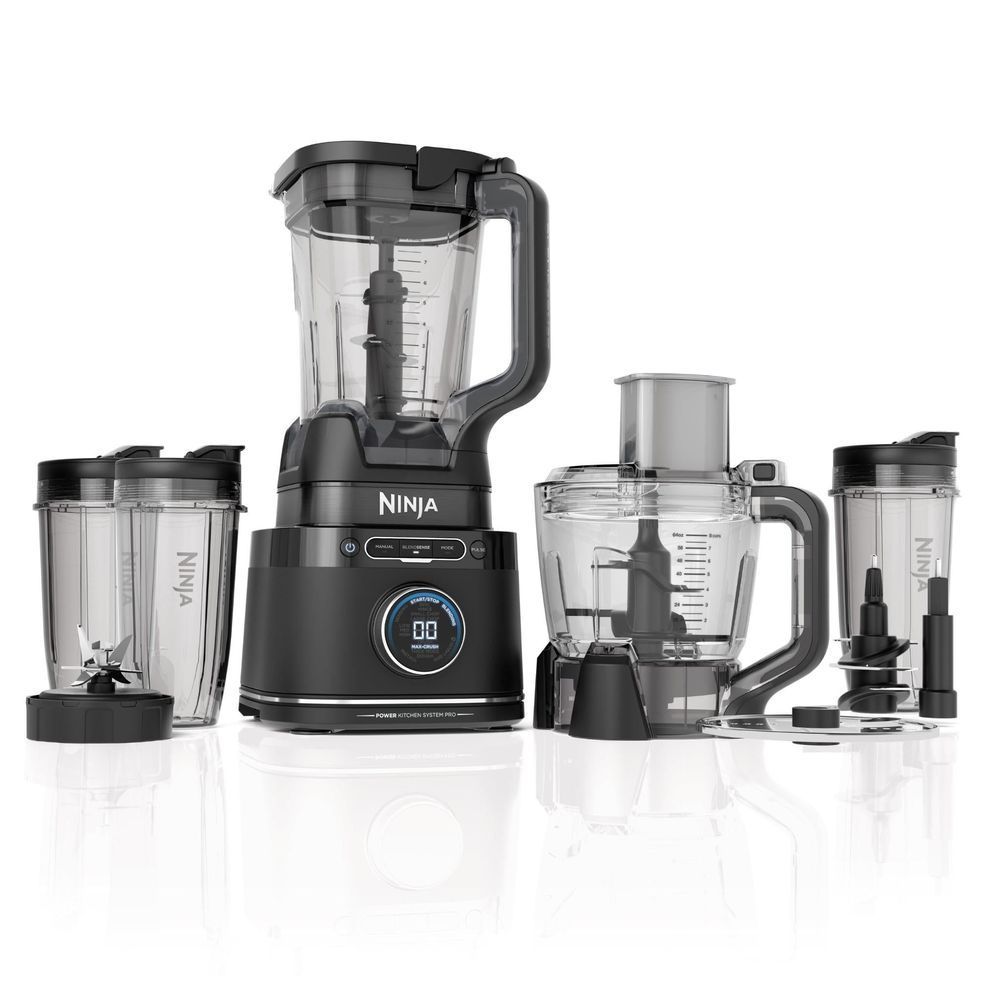 Ninja power blender system with multiple clear attachments and black base