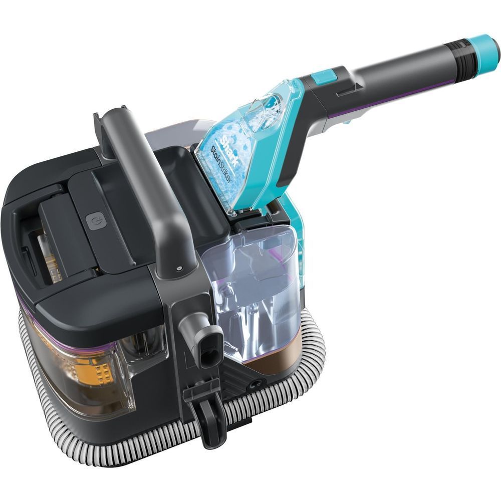 Portable spot and stain cleaner with water tank, black body, turquoise blue nozzle