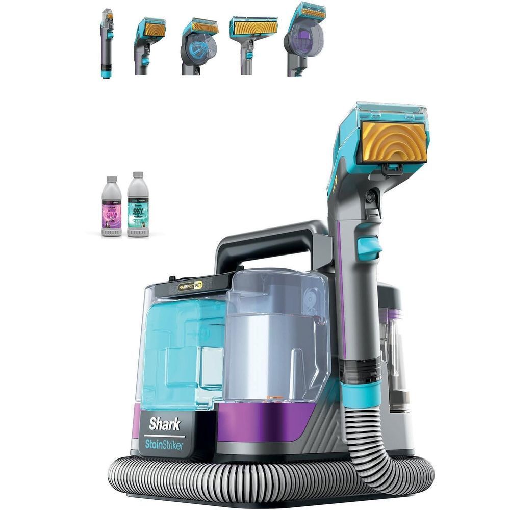 Portable spot and stain cleaner with brush attachments and included cleaner bottles