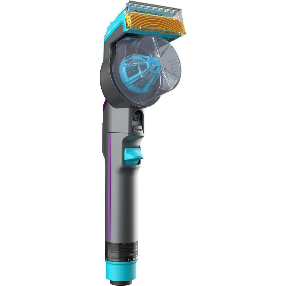 Spot cleaner with rotating brush drum head, turquoise window and purple accents