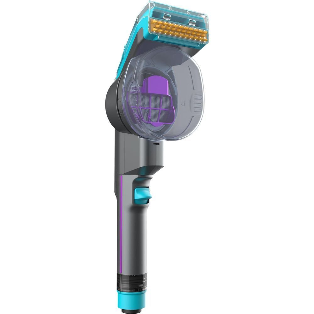 Spot cleaner with circular suction head window and rotating brush, purple and turquoise