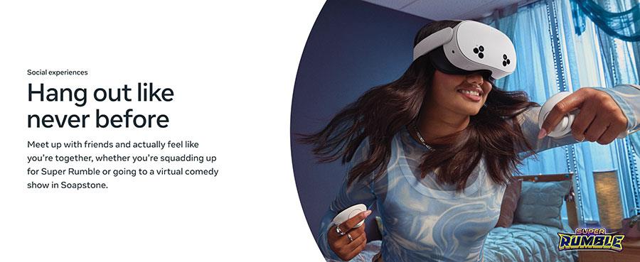 White Meta Quest 3S VR headset worn by a person smiling