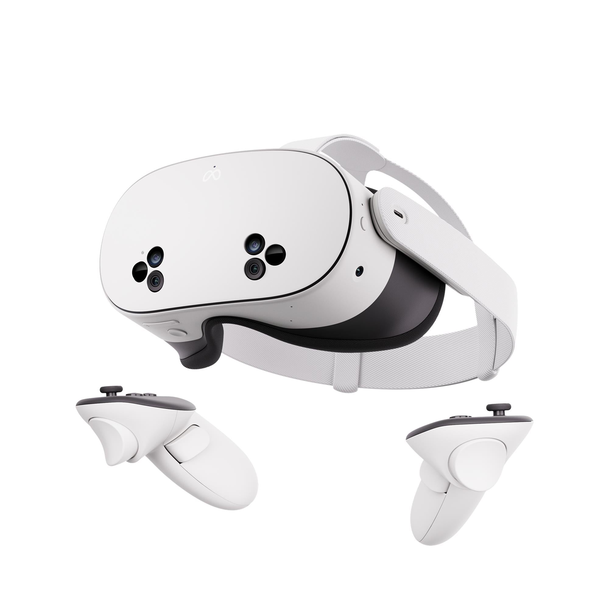White standalone VR headset with two controller hand grips and front camera array