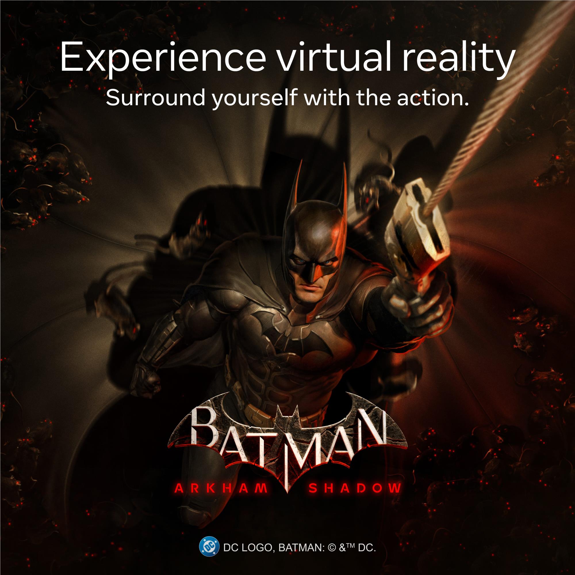 Batman Arkham Shadow VR experience promotional graphic with small headset icon
