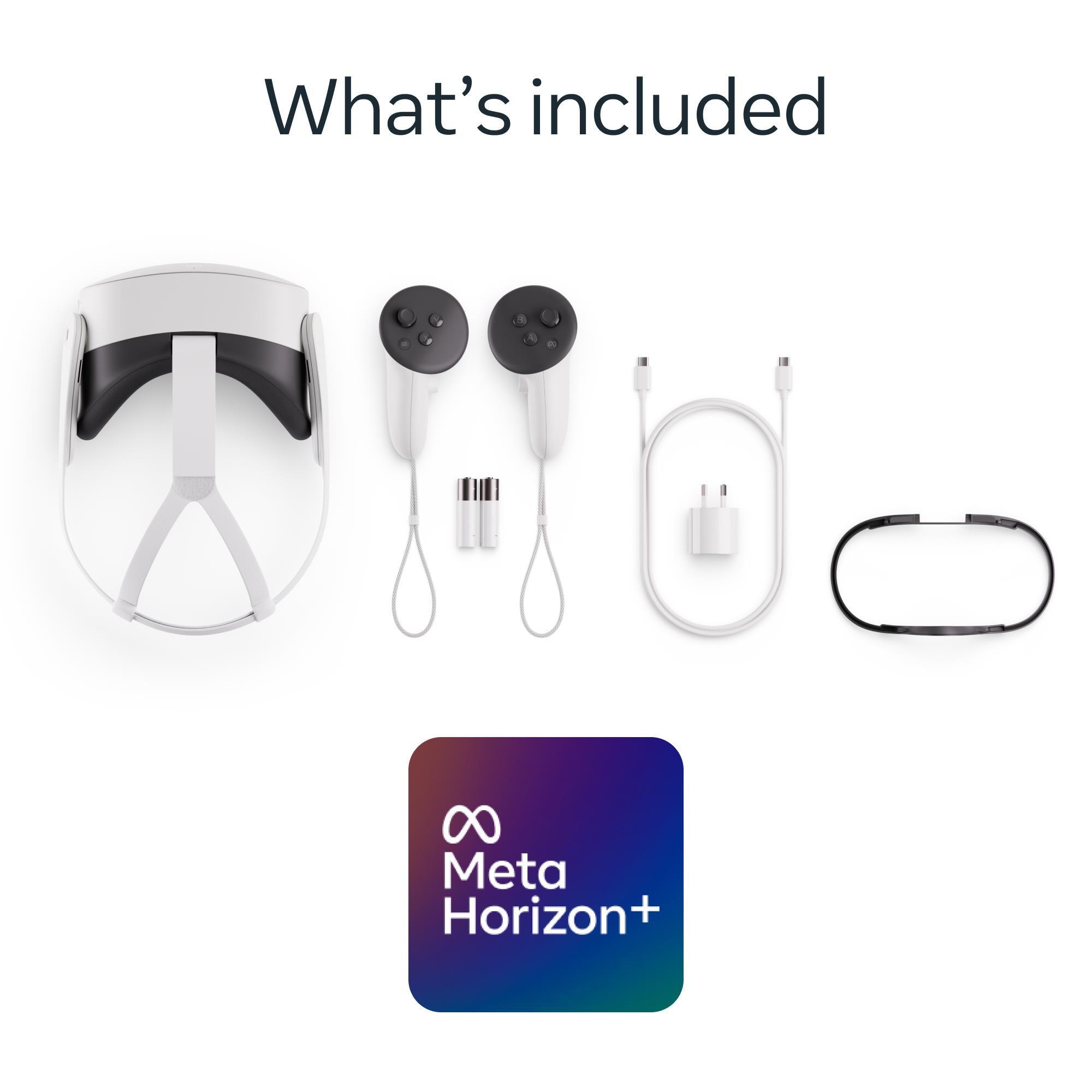 VR headset included accessories: controllers, charging cables, and strap