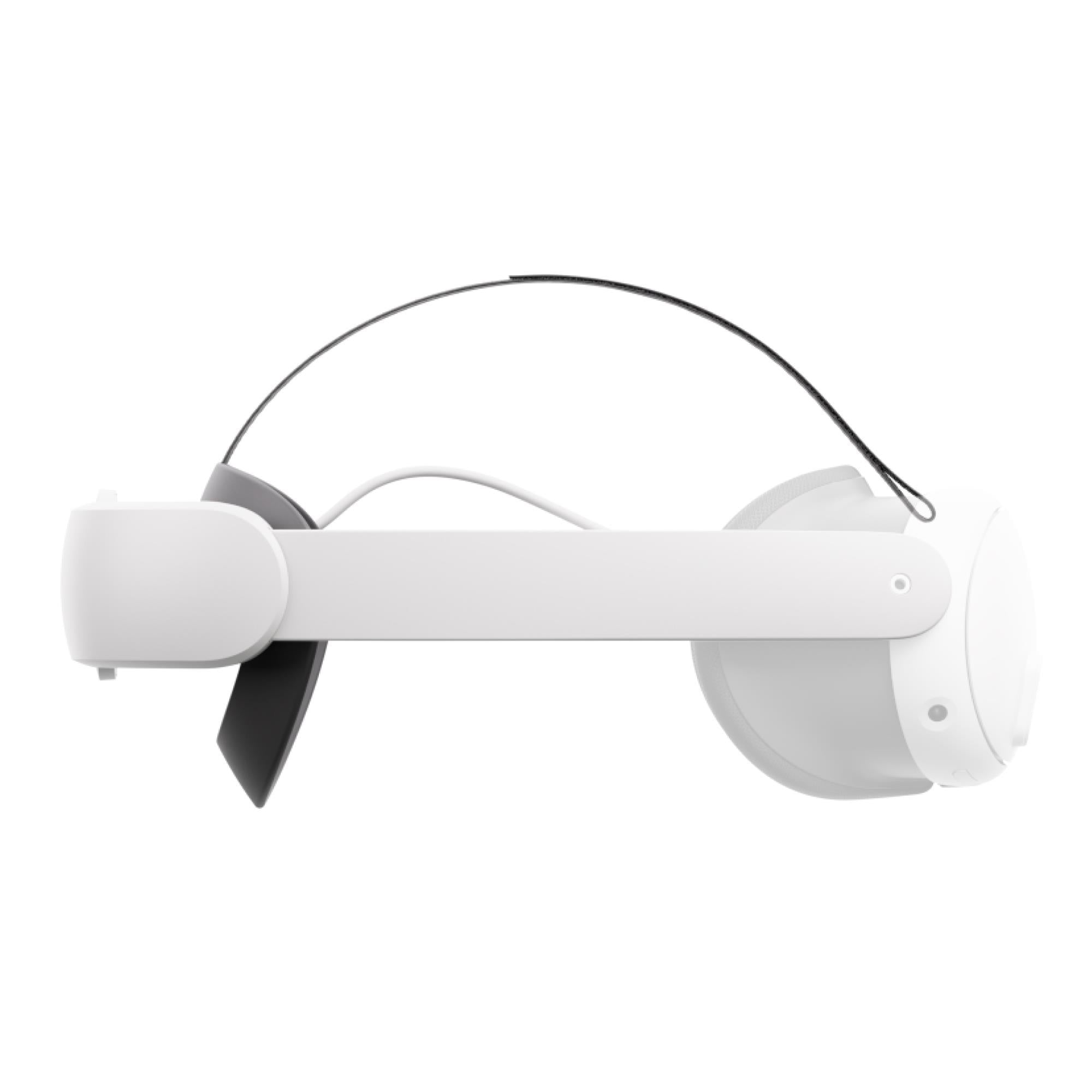 White VR headset strap bar with black underside band and curved side pads