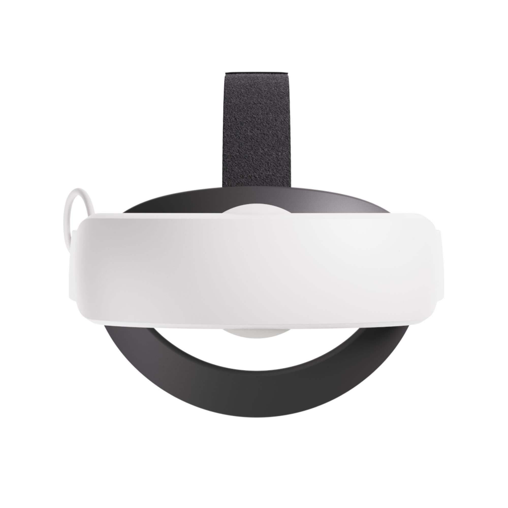 White VR headset strap with black textured headband and cushioned front cradle