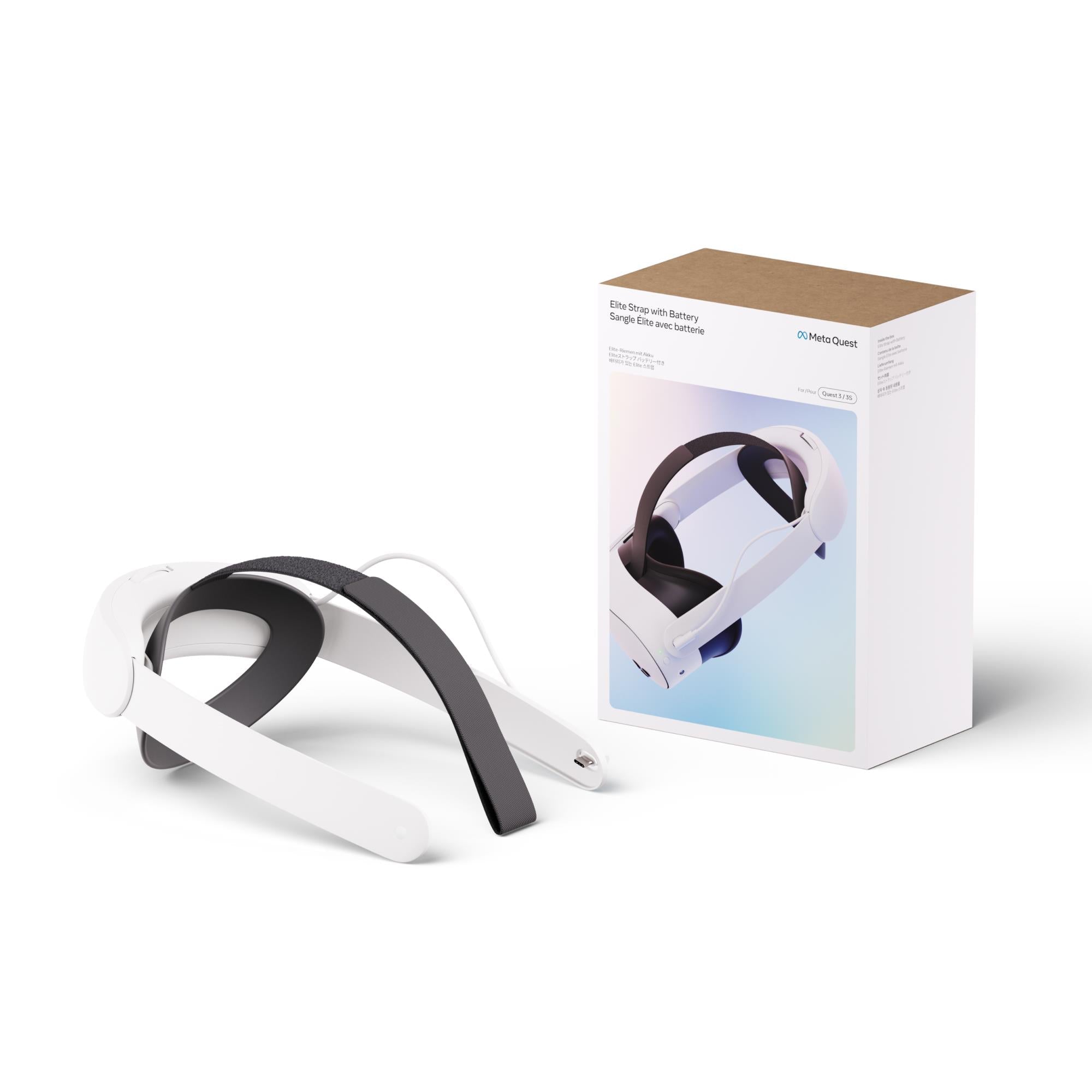 White VR headset elite strap set with retail box and black battery band