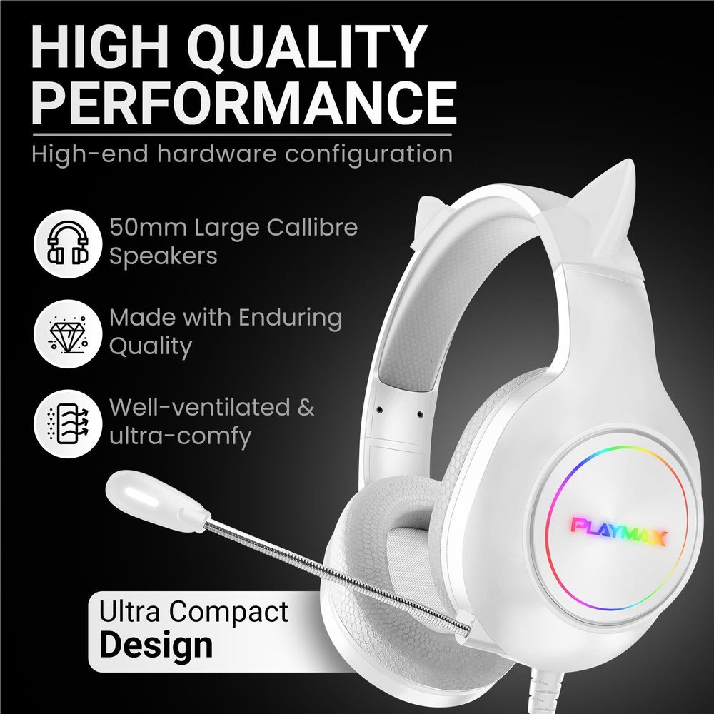Playmax RGB Cat Ear Gaming Headset (White)