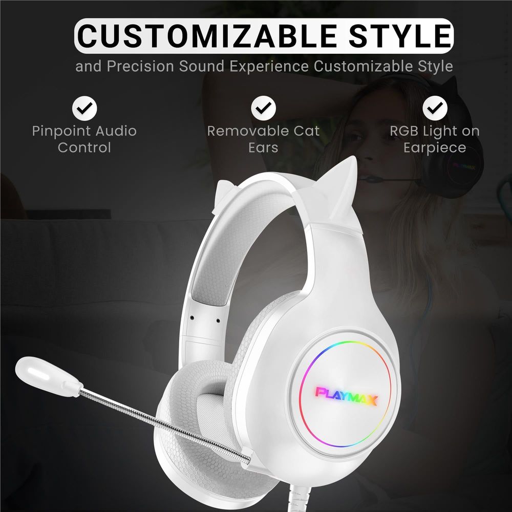 Playmax RGB Cat Ear Gaming Headset (White)