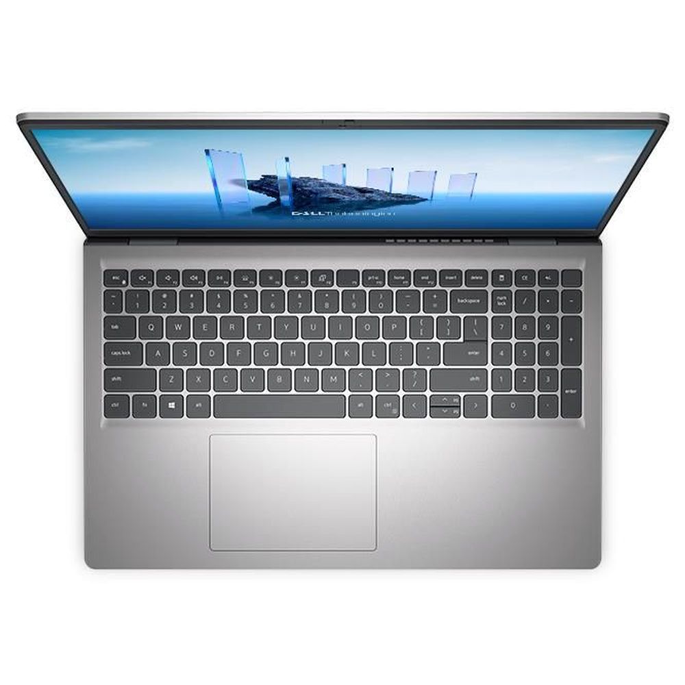 Silver laptop front view showing dark keyboard and trackpad