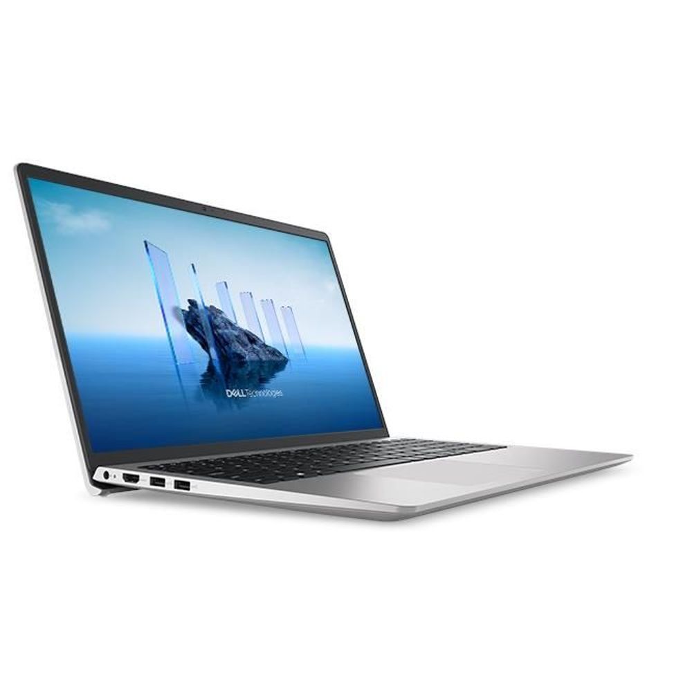 Dell laptop top view with dark keyboard, large trackpad, and blue screen.