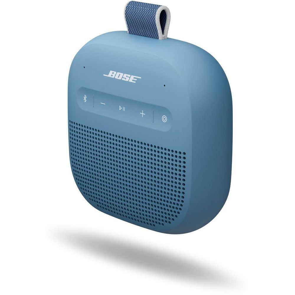 Blue Bose SoundLink Micro portable speaker angled view with top strap and buttons