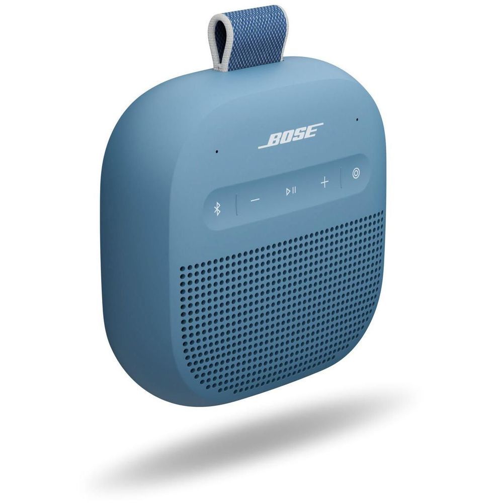 Blue Bose SoundLink Micro portable speaker with top carry strap and side controls