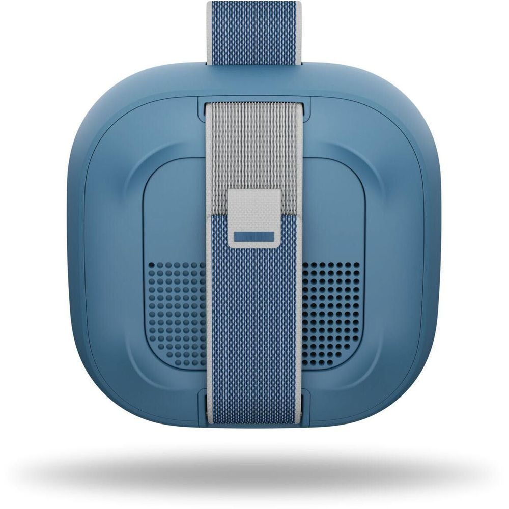 Blue Bose SoundLink Micro portable speaker back with speaker ports and strap tab