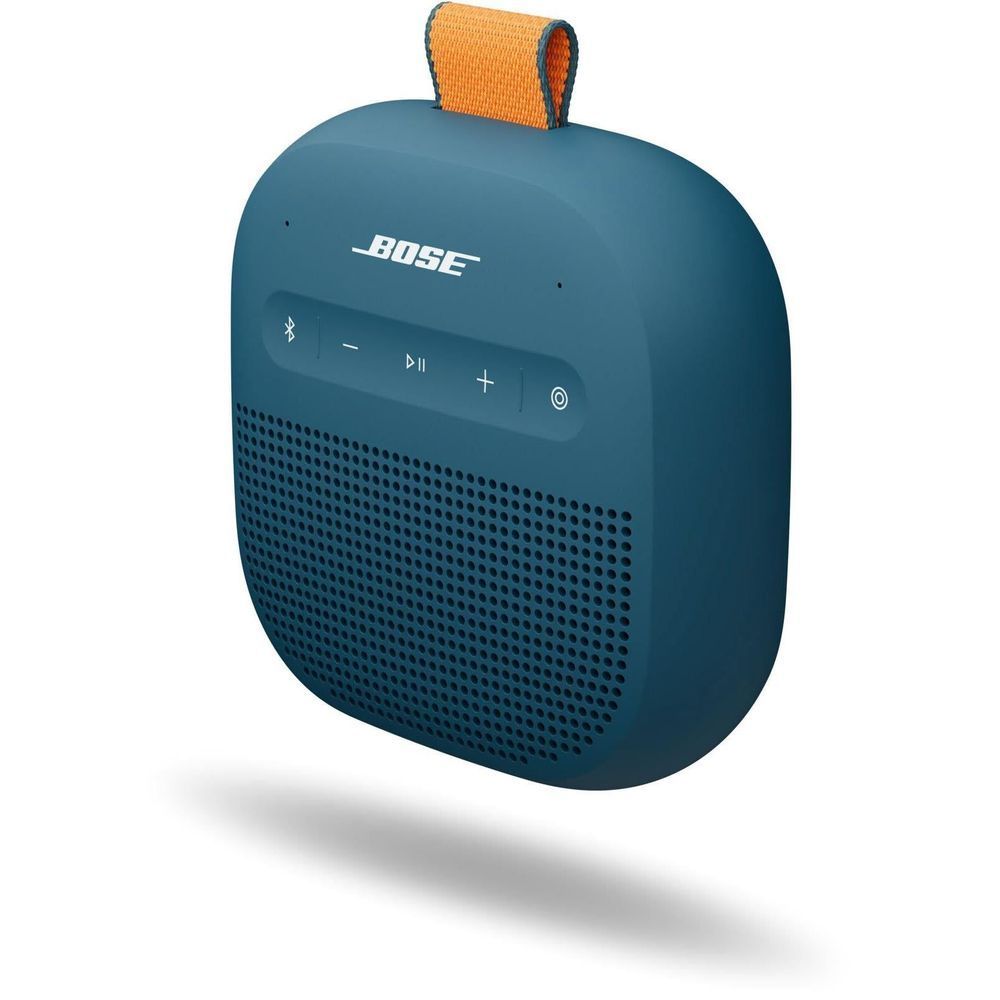 Portable Bluetooth speaker with blue body, top orange strap loop, Bose controls on face.