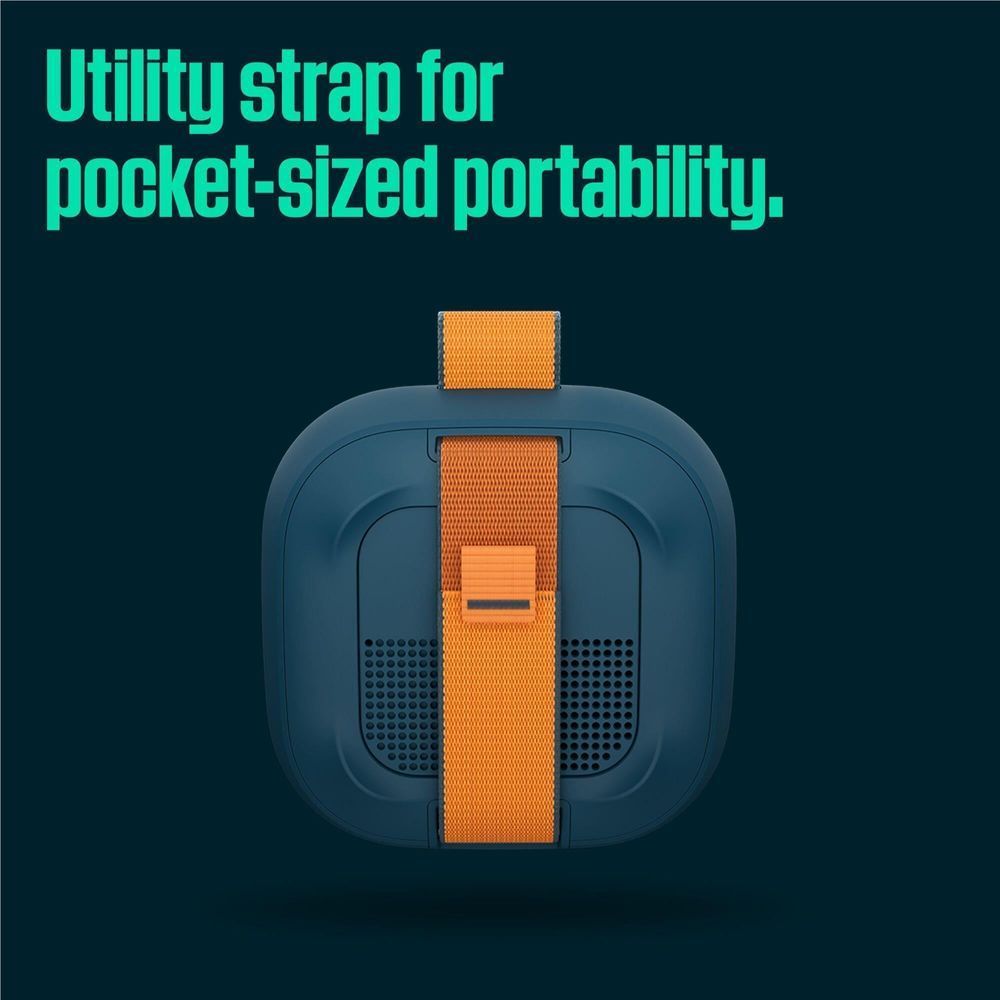 Portable Bluetooth speaker back view with blue shell, orange utility strap centered, Bose logo.