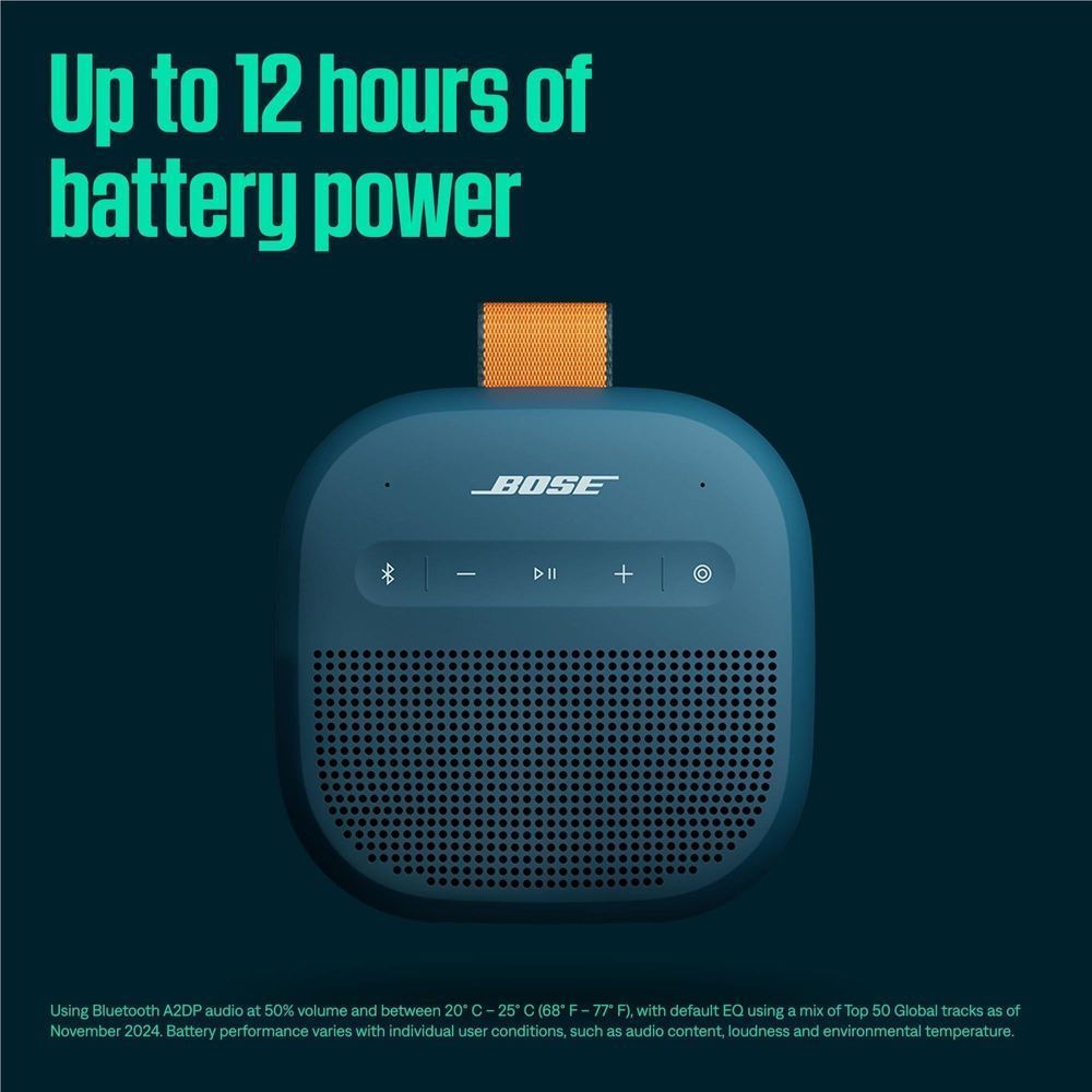 Portable Bluetooth speaker front view in blue with orange strap, Bose controls, speaker grille.