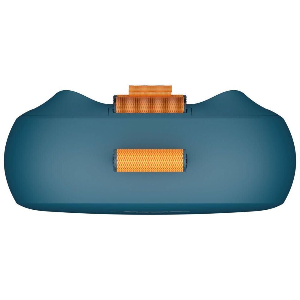 Portable Bluetooth speaker top view with blue body and orange strap at center.