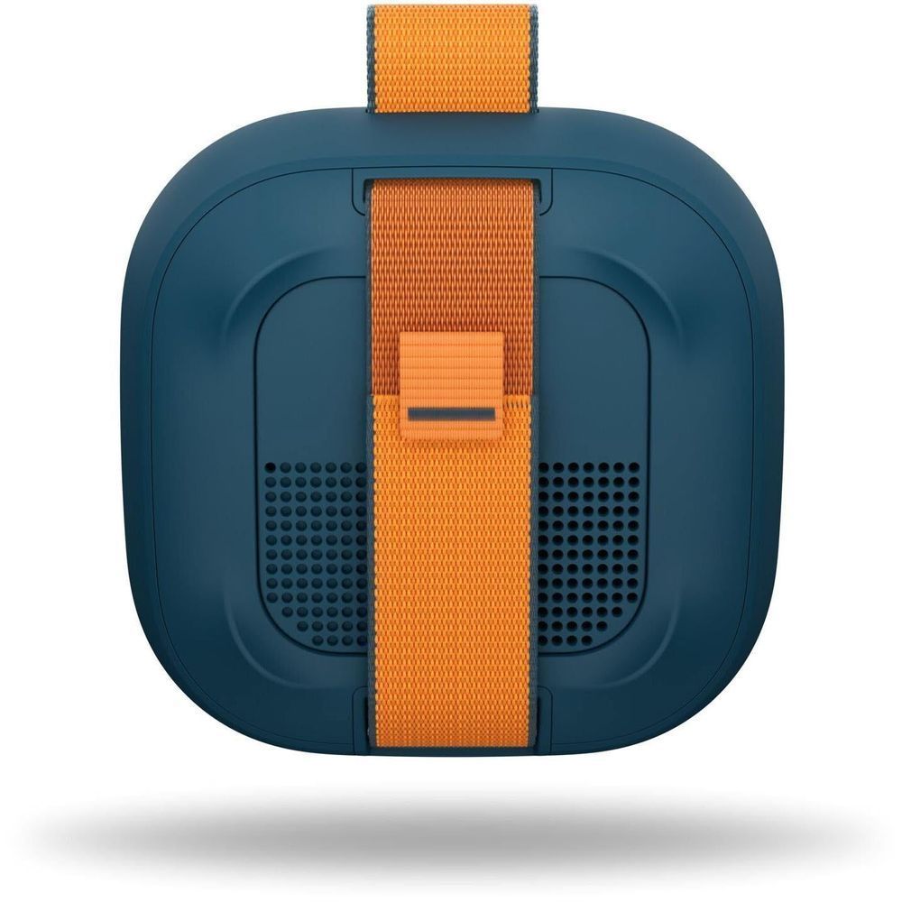 Portable Bluetooth speaker back view with blue shell, orange strap across, Bose logo and vents.