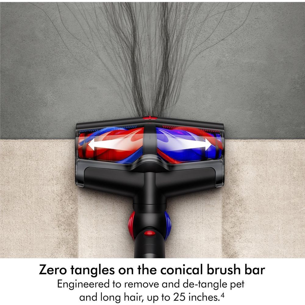 Dyson floor vacuum head with conical brush bar, black housing and blue-red pattern