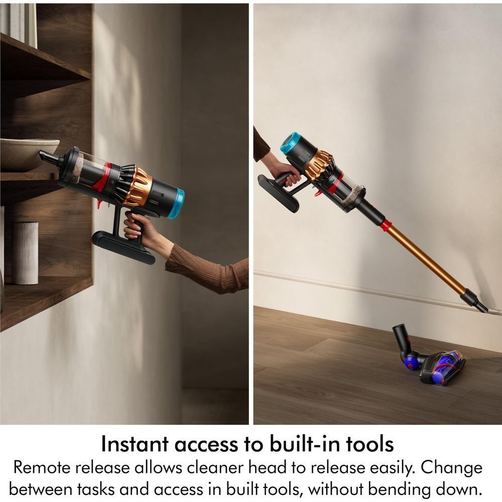 Dyson stick vacuum with built-in tools for reaching corners, black and bronze