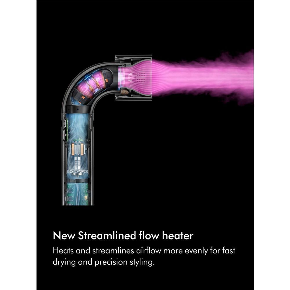 Hair dryer nozzle releasing purple airflow stream from rose-gold dryer body