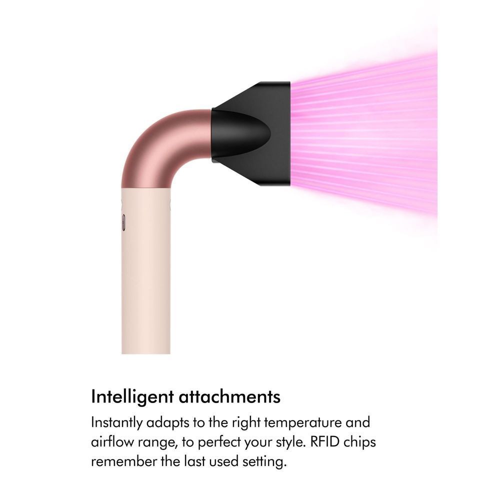Ceramic pink hair dryer with rose-gold barrel and black concentrator nozzle