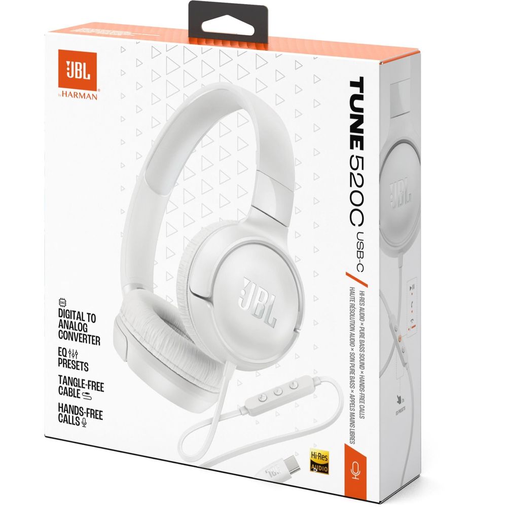 JBL Tune 520C Wired USB-C On-ear Headphones (White)