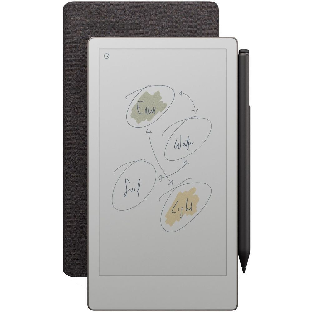 Basalt dark gray folio with cover open, showing tablet screen and attached pen