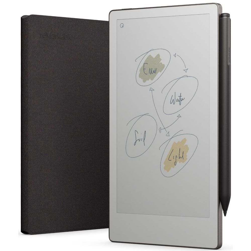 Basalt dark gray folio cover open, tablet front visible with stylus on the side