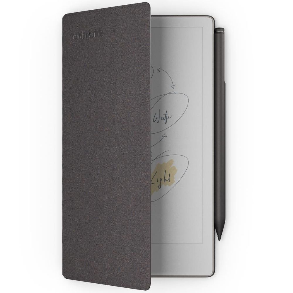 Basalt dark gray folio cover partially open, tablet edge and stylus visible