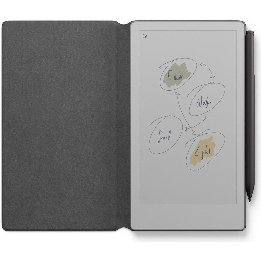Basalt dark gray folio with open cover, tablet screen with colorful diagram drawings